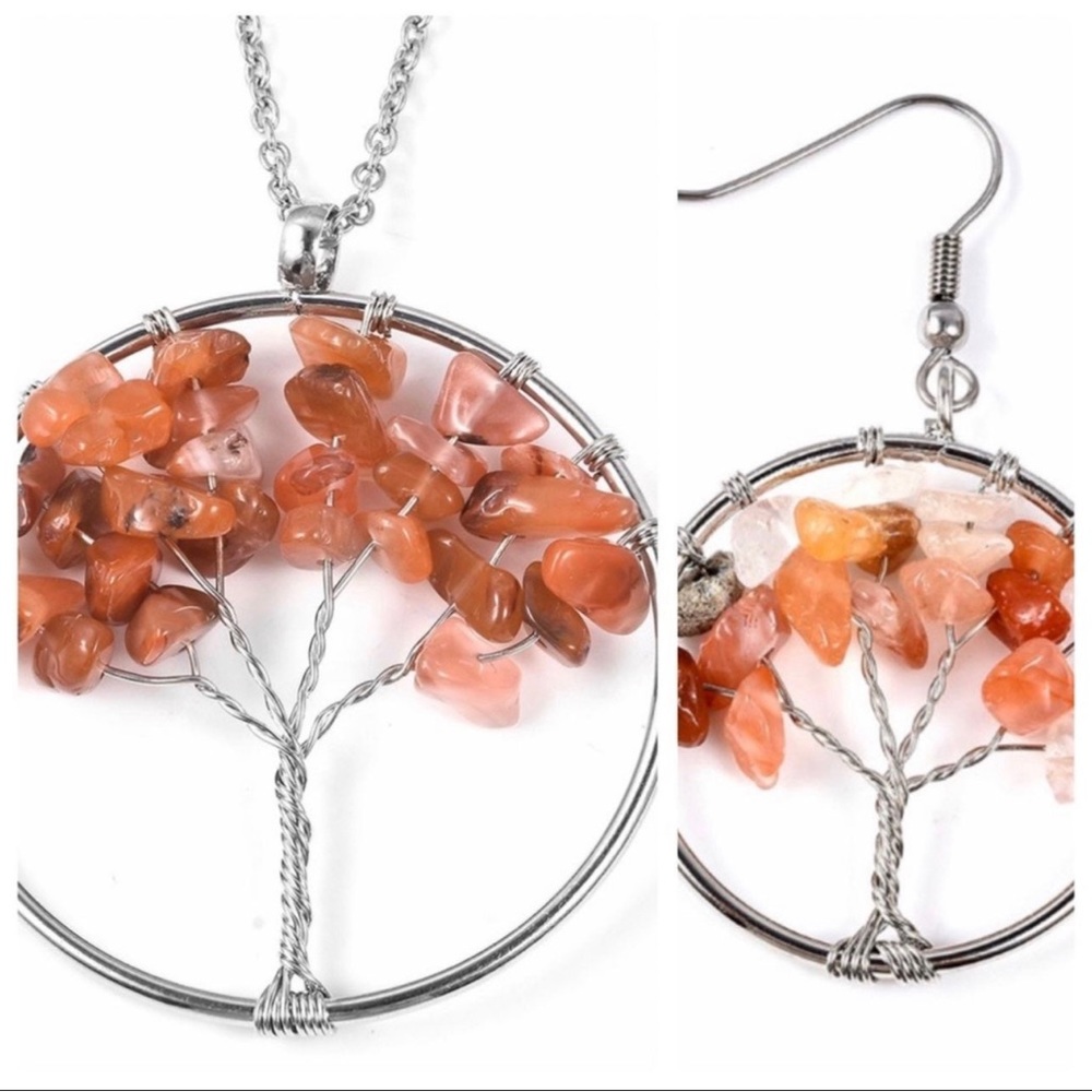 60 Carat Carnelian Tree Of Life Set .925 Sterling Silver. Your choice of chain!